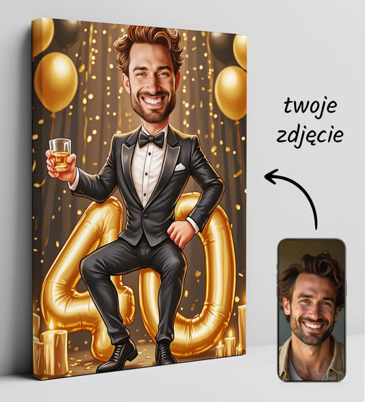 Personalizowana karykatura na 40. urodziny dla mężczyzny na płótnie