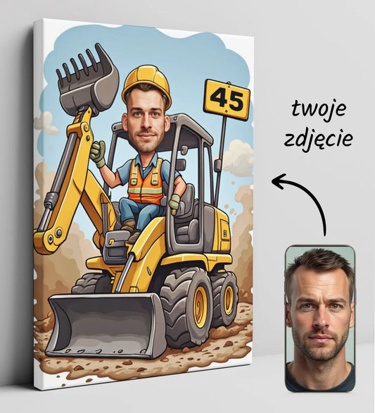 Karykatura operatora koparki na płótnie na urodziny