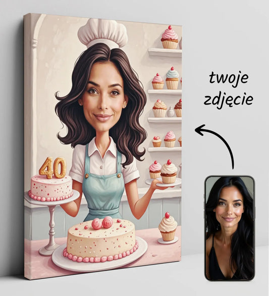 Personalizowany obraz na płótnie przedstawiający pastelową karykaturę kobiety jako cukierniczki