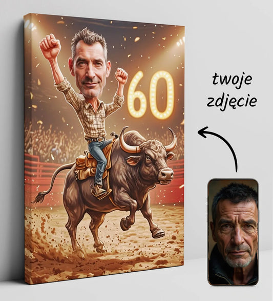 Spersonalizowana karykatura na płótnie z motywem jazdy na byku na 60 urodziny