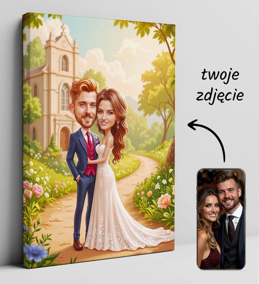 Personalizowana karykatura ślubna na płótnie, wyjątkowy prezent na wesele