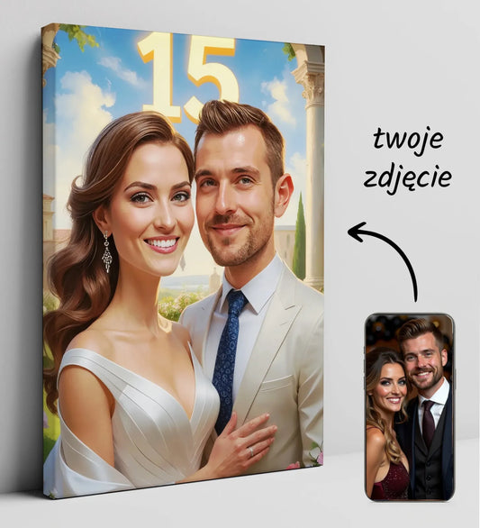 Personalizowany portret na 15 rocznicę ślubu, dwustronny obraz dla par, gotowy do zawieszenia