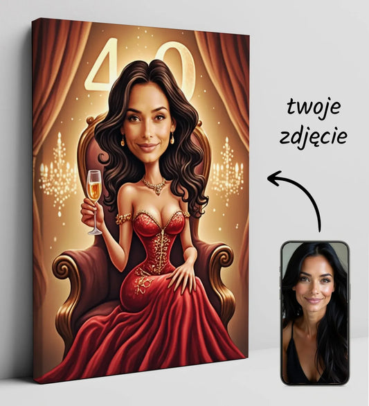 Karykaturalny portret na płótnie na 40 urodziny dla kobiety Personalizowany glamour