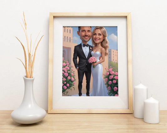 Framowany karykaturalny portret Pary Młodej w stylu glamour na prezent