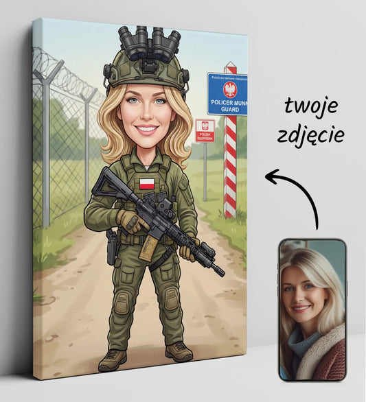 Karykatura kobiety w mundurze straży granicznej z karabinem i lornetką