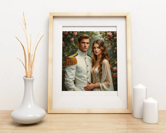 Portret zakochanych - królewski portret księcia i księżniczki w ramie