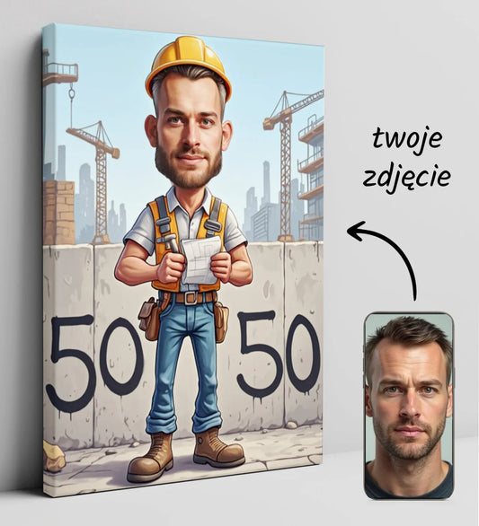 Rysunek karykatury pracownika budowlanego na płótnie jako prezent na urodziny dla budowlańca
