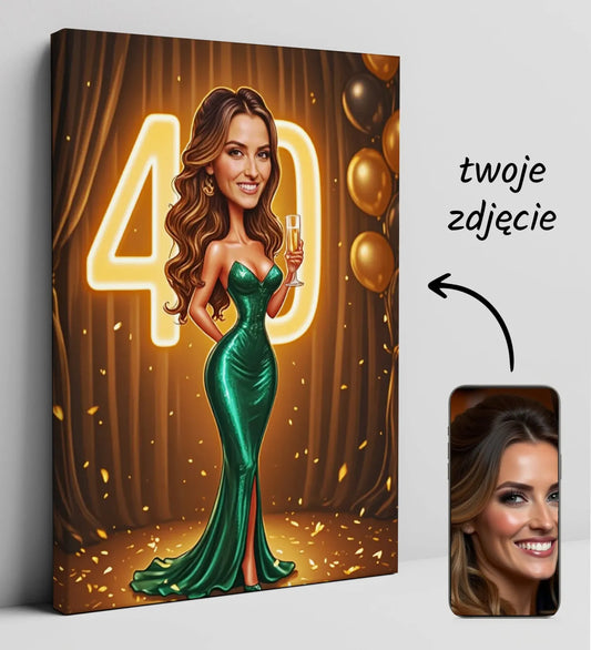 Personalizowany obraz na 40 urodziny w stylu karykatury glamour