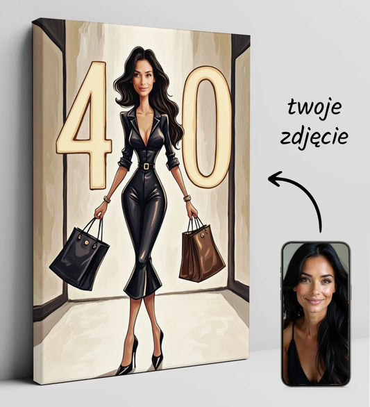 Personalizowana 40-tka na płótnie urodzinowym z cyfrą na tle butików