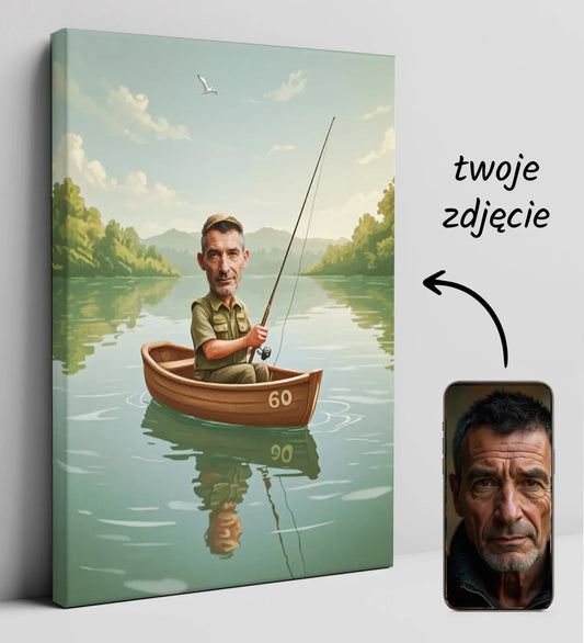 Personalizowany wydruk z karykaturą na płótnie dla wędkarza na urodziny