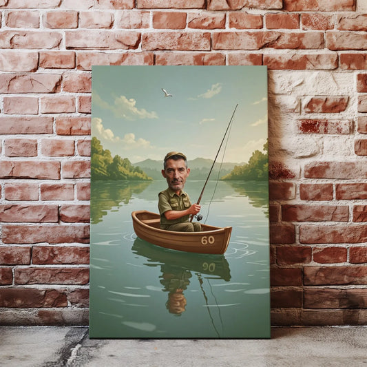 Karykatura mężczyzny wędkarskiego w łodzi na prezent na urodziny dla wędkarza