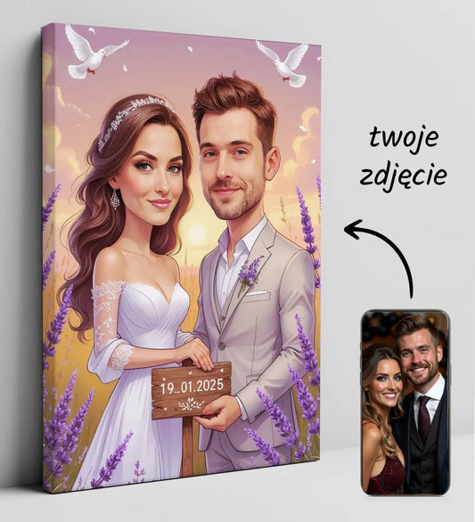 Koszmarny portret ślubny na płótnie w stylu kreskówkowym w lawendowym polu