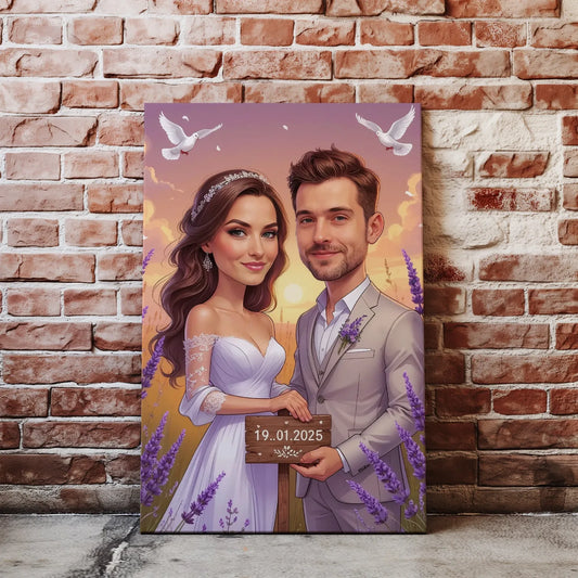 Wesełny portret karykatura w lawendowym polu z datą ślubu