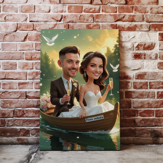 Karykatura ślubna na płótnie przedstawiająca parę w łódce jako obraz na ścianę