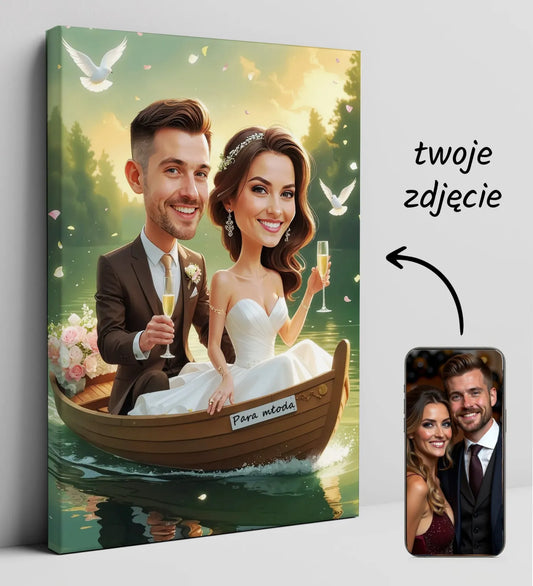 Karykatura ślubna na płótnie przedstawiająca parę w łódce w romantycznym stylu