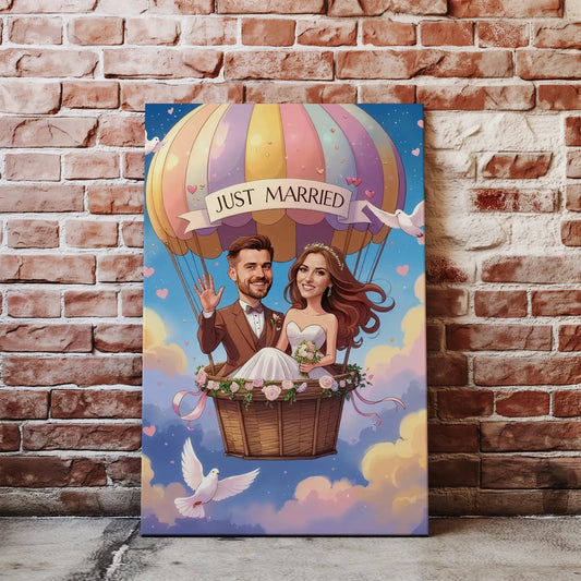 Karykatura ślubna pary młodej na płótnie w balonie, stylowa i humorystyczna