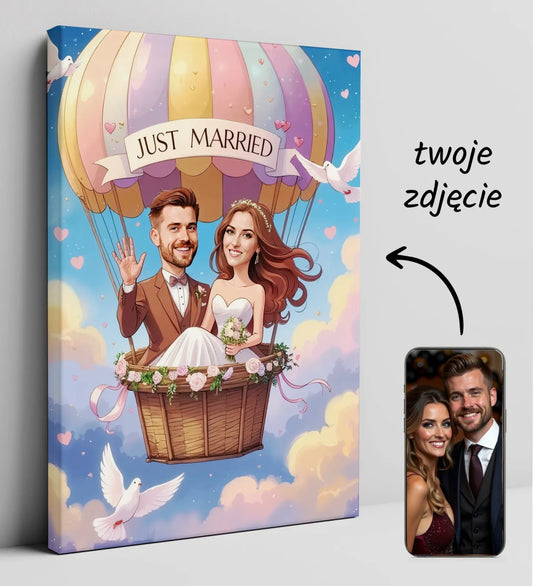 Personalizowany obraz na płótnie z bajkową parą młodą w balonie ślubny prezent