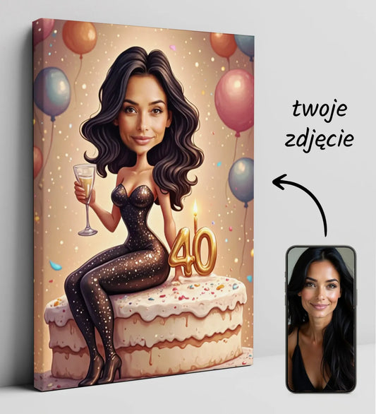 Personalizowany portret z okazji 40 urodzin na płótnie w produkcie Śmieszna karykatura kobiety na z tortem