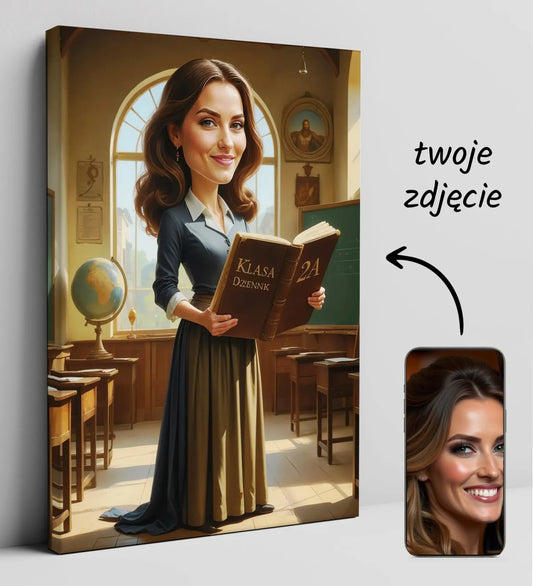 Personalizowana nauczycielska karikatura na płótnie jako prezent na zakończenie roku szkolnego