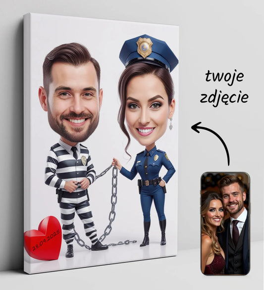 Caricature na płótnie z motywem ślubnym Panna Młoda Policjantka i Pan Młody Więzień