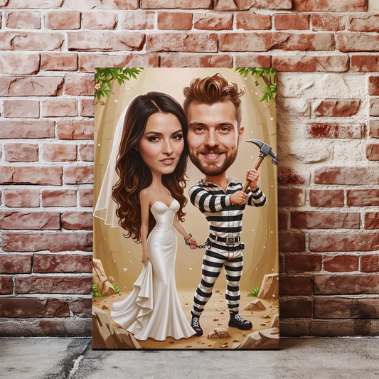 Humorystyczna karykatura ślubna na płótnie z parą młodą jako więźniowie