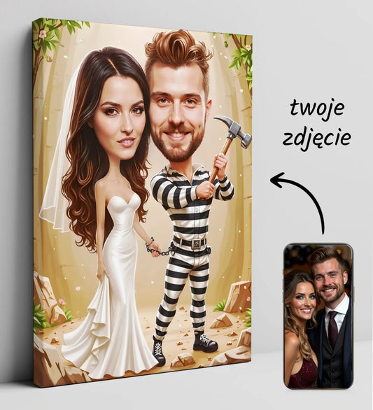 Personalizowany ślubny obraz karikatura na płótnie z parą młodą więźniowie