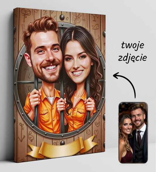 Personalizowana karykatura ślubna pary młodej na płótnie w humorystycznym stylu