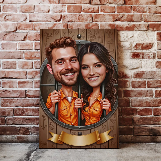 Zabawna karykatura ślubna pary młodej w więzieniu, kreskówkowa scena, humorystyczna artystyczna ilustracja