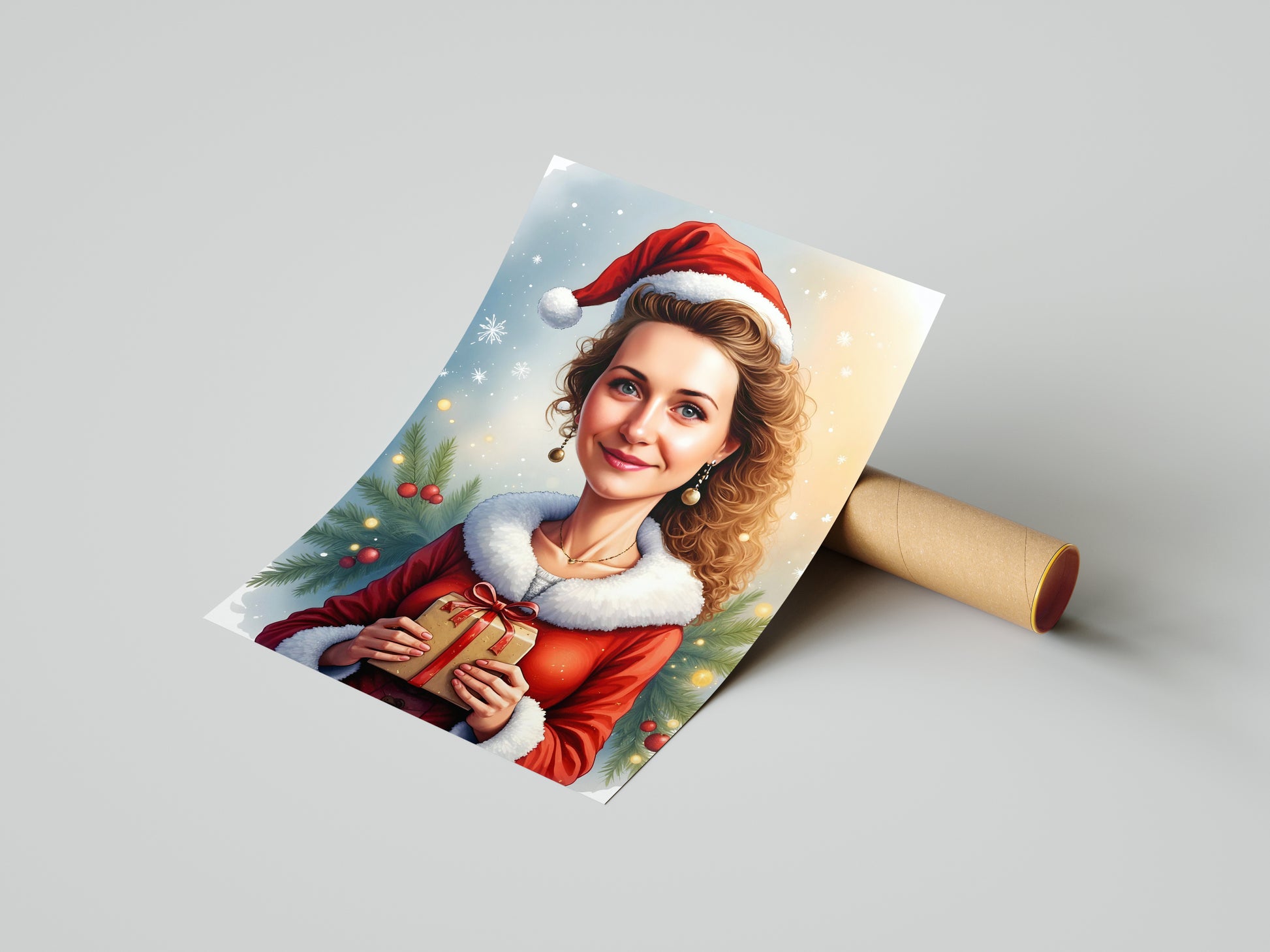 Portret kobiety z prezentem w stroju Mikołajki