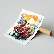 Portret rodzinny na zamówienie – zimowa ilustracja z saniami i prezentami