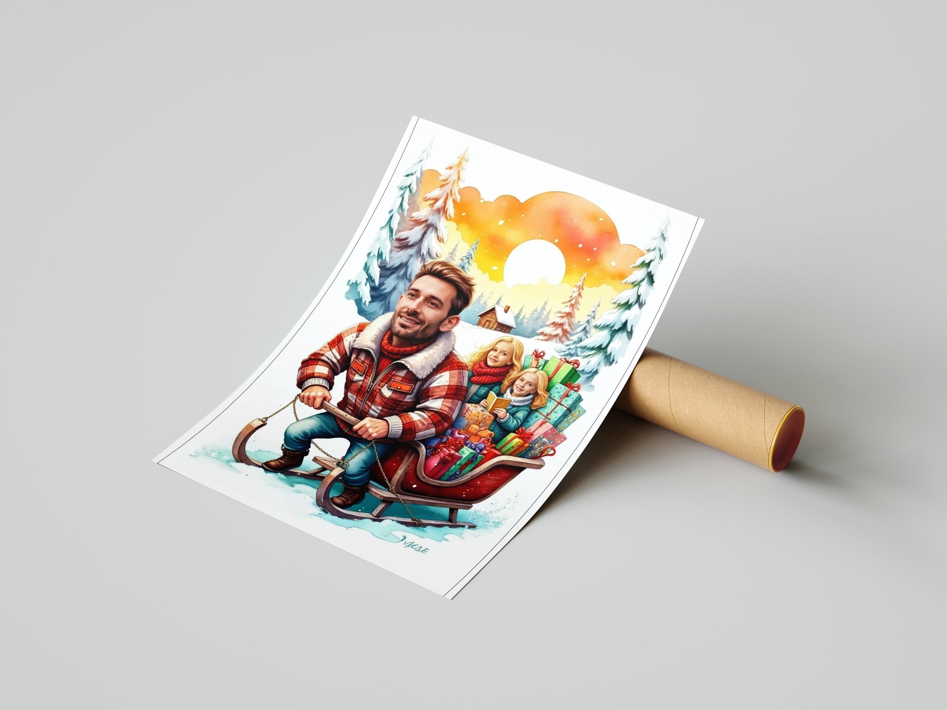 Portret rodzinny na zamówienie – zimowa ilustracja z saniami i prezentami