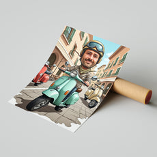 Portret karykatura ze zdjęcia – Włoski styl na skuterze