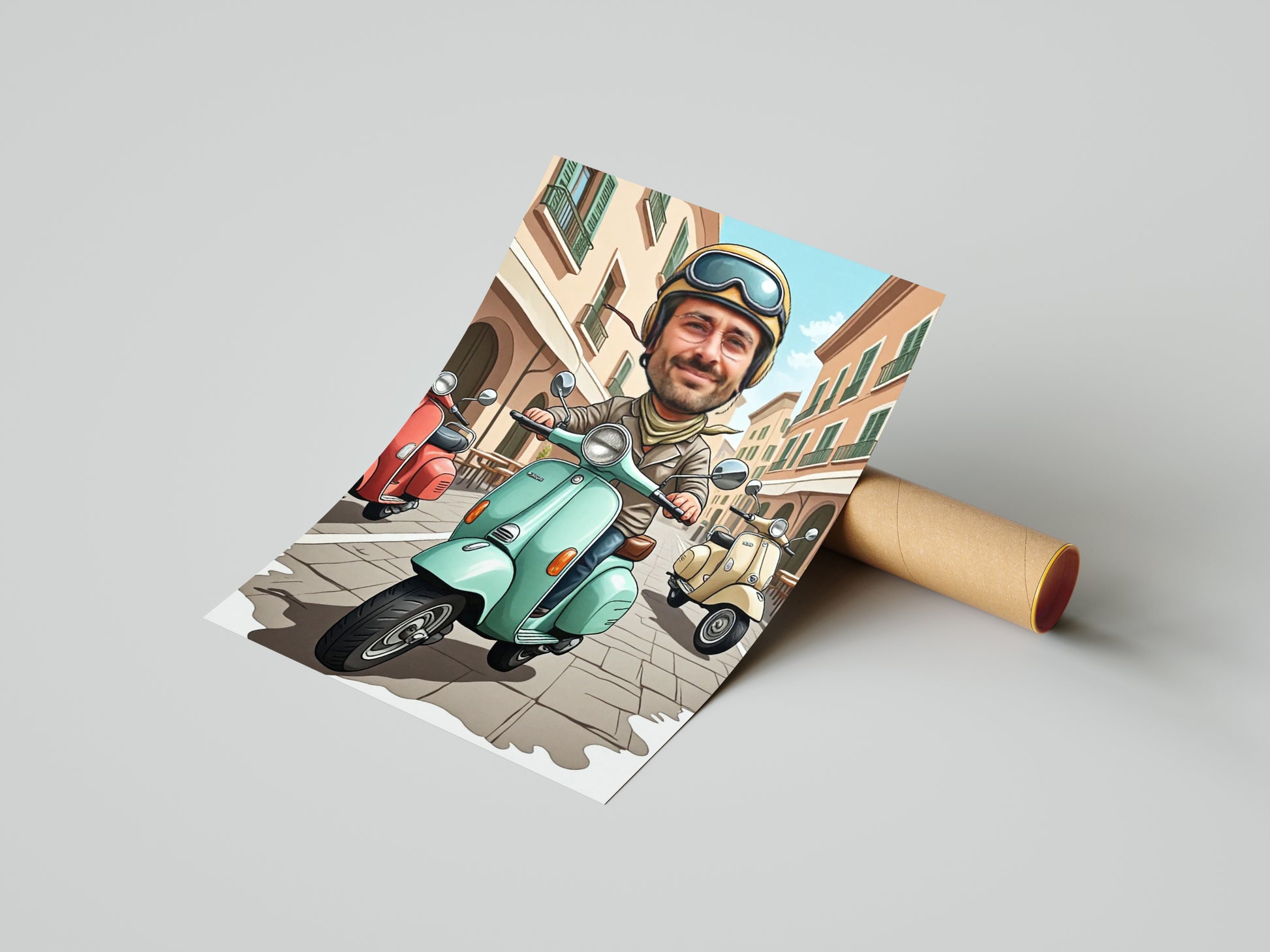 Portret karykatura ze zdjęcia – Włoski styl na skuterze