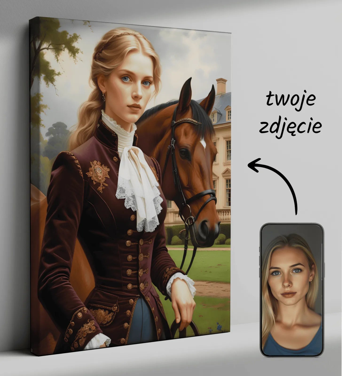 Customizable portrait canvas Arystokratyczny Portret z Koniem do dekoracji wnętrz