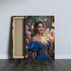 Canvas print przedstawiający kobietę w niebieskiej sukni z balonami z cyframi