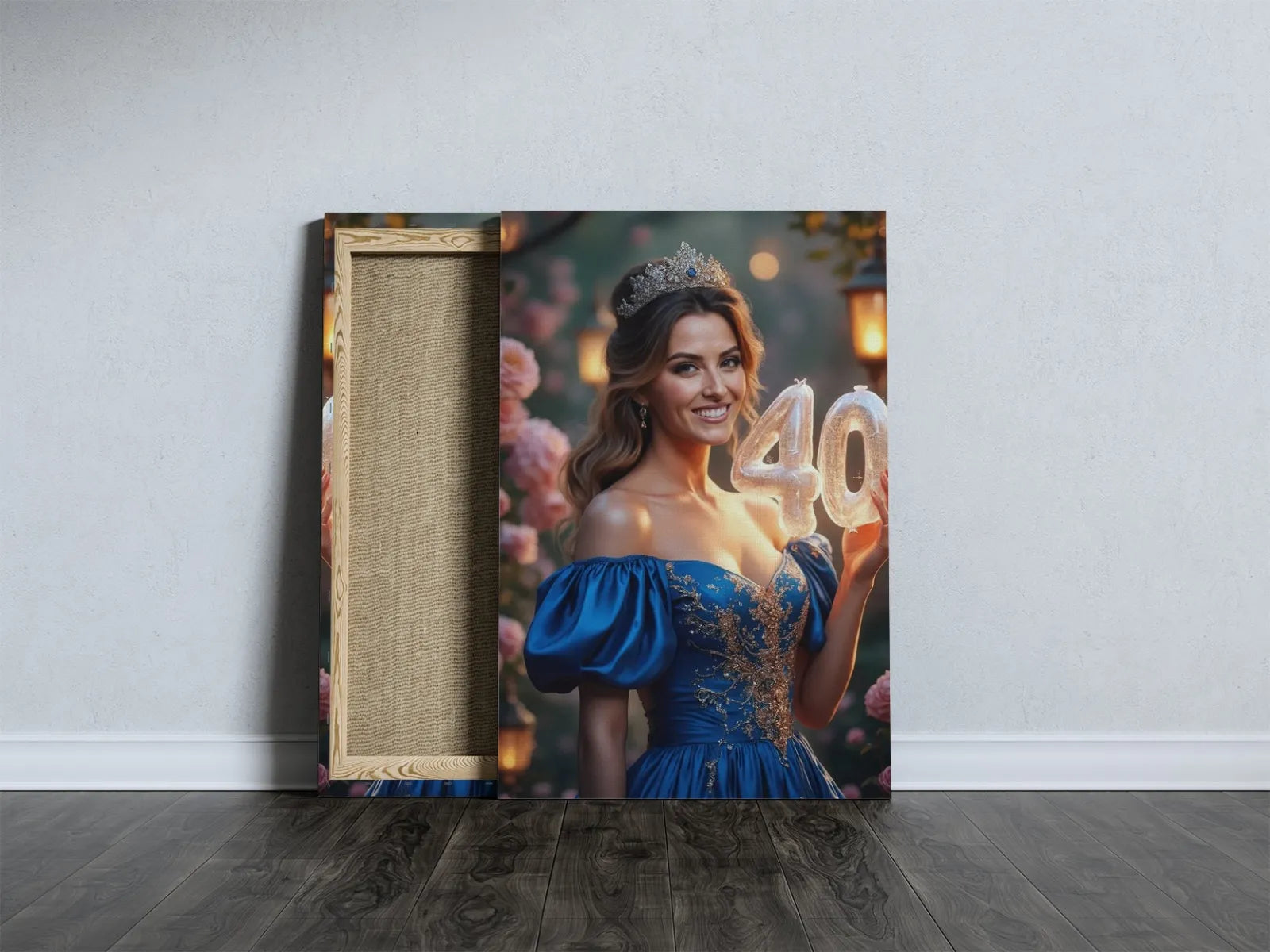 Canvas print przedstawiający kobietę w niebieskiej sukni z balonami z cyframi