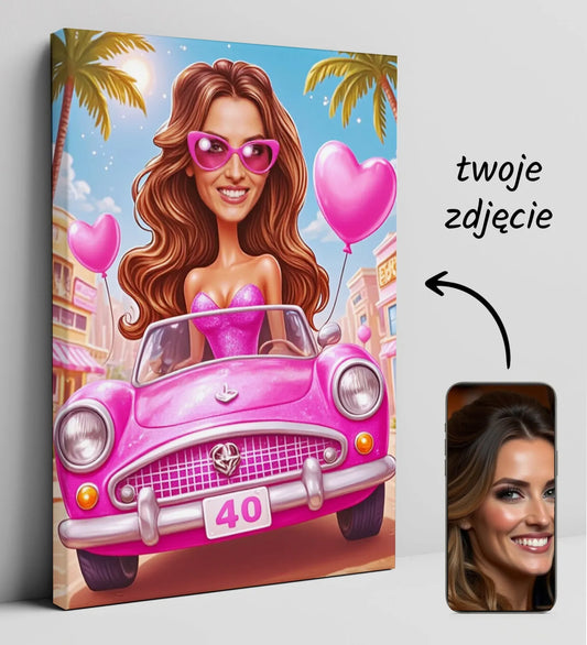 Personalizowany rysunek kobiety w stylu Barbie na płótnie dla prezentu urodzinowego