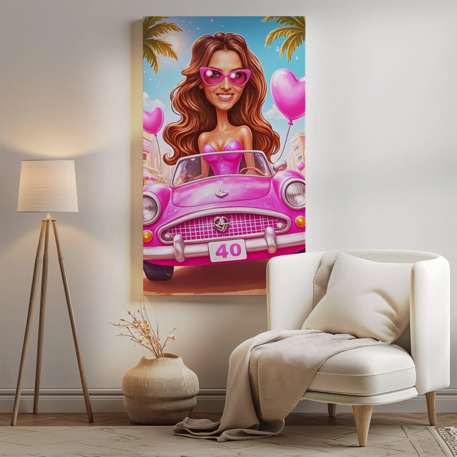 Karrykatura kobiety w stylu Barbie na różowym tle, idealny prezent urodzinowy