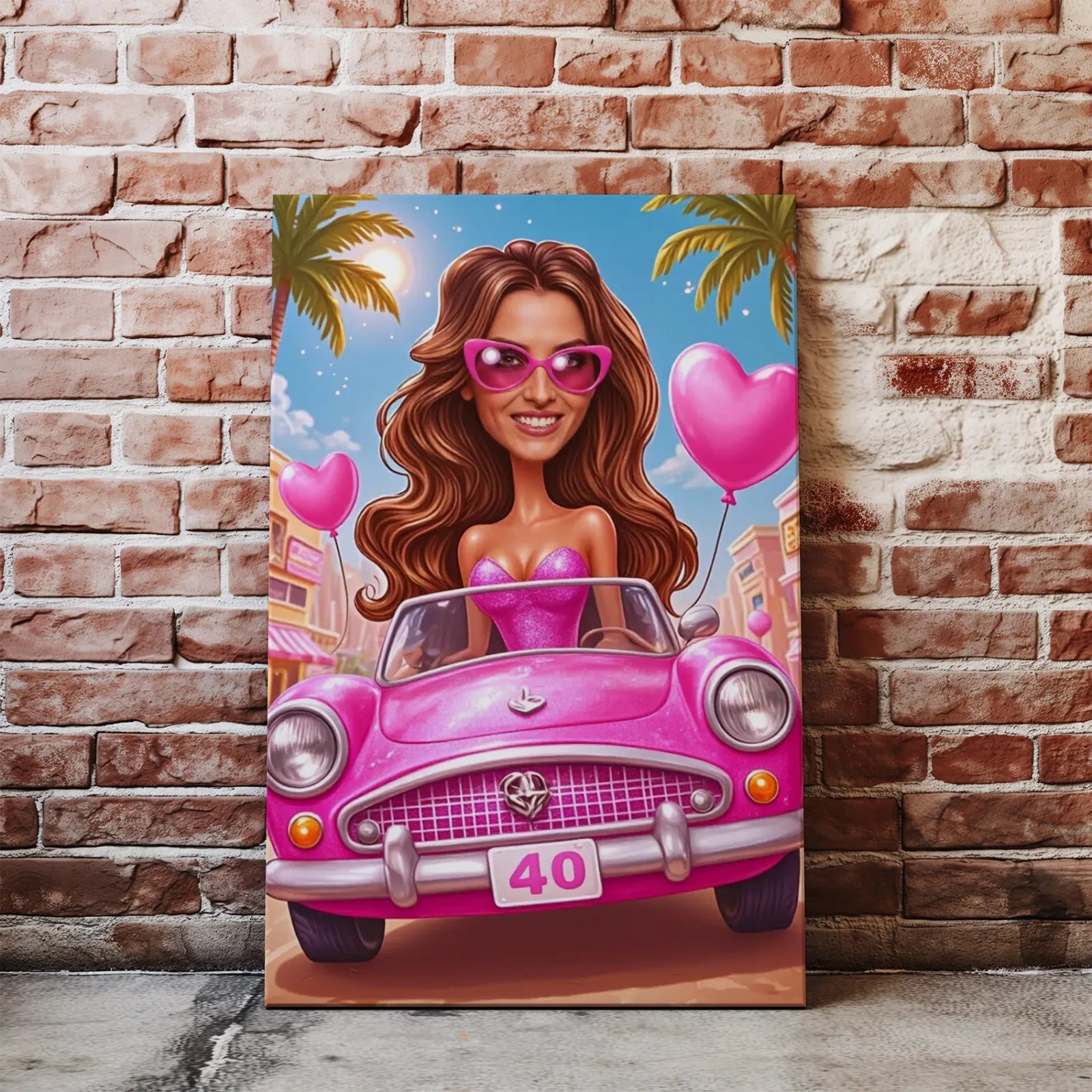 Karykatura kobiety w różowym kabriolecie w stylu Barbie prezent na urodziny