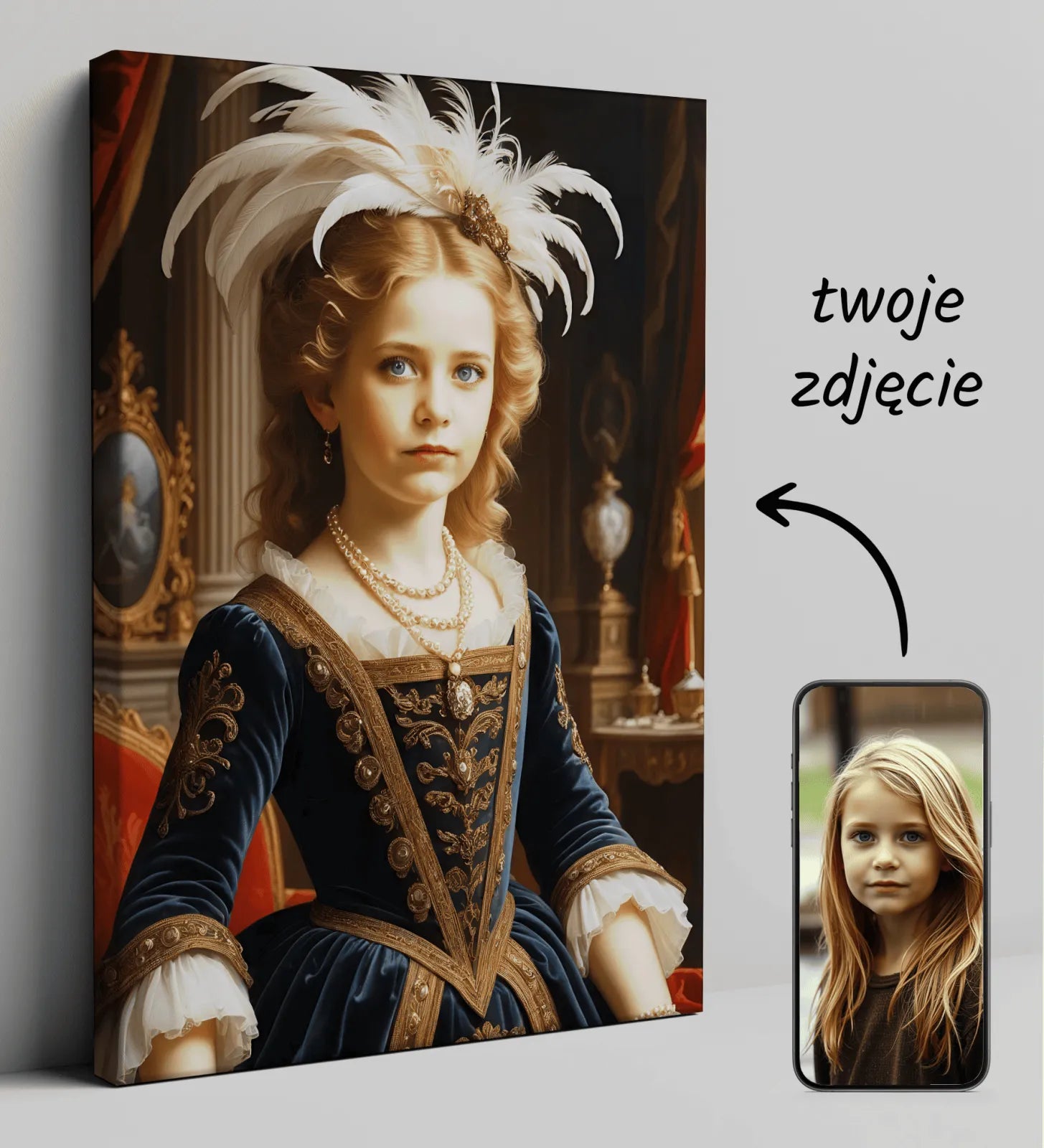 Portret na płótnie młodej dziewczynki w królewskim stroju Barokowa Arystokratka