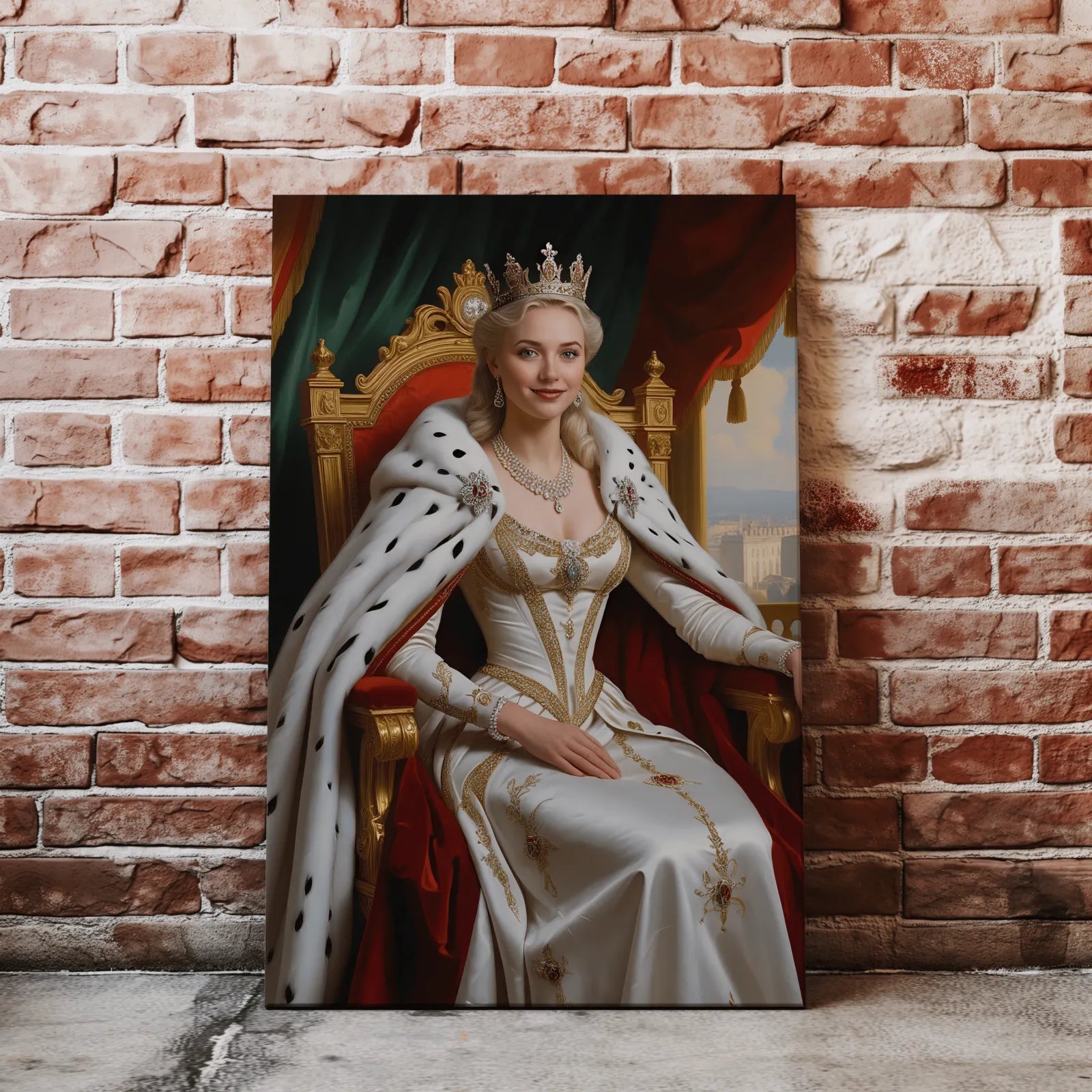 Królewski portret na płótnie przedstawiający królową w eleganckim stylu