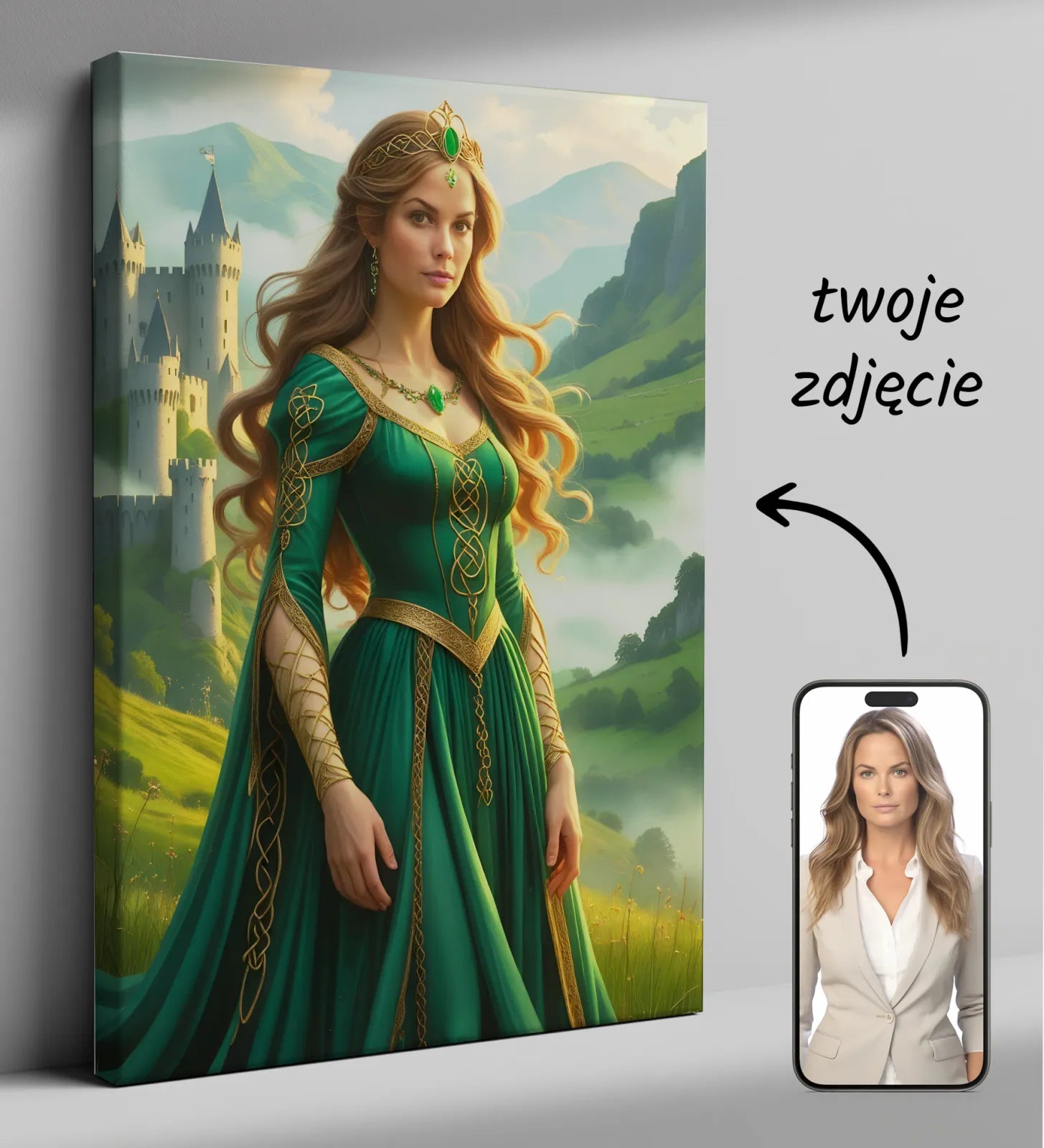 Canvas print przedstawiający kobietę w zielonej sukni średniowiecznej Celtycka Księżniczka
