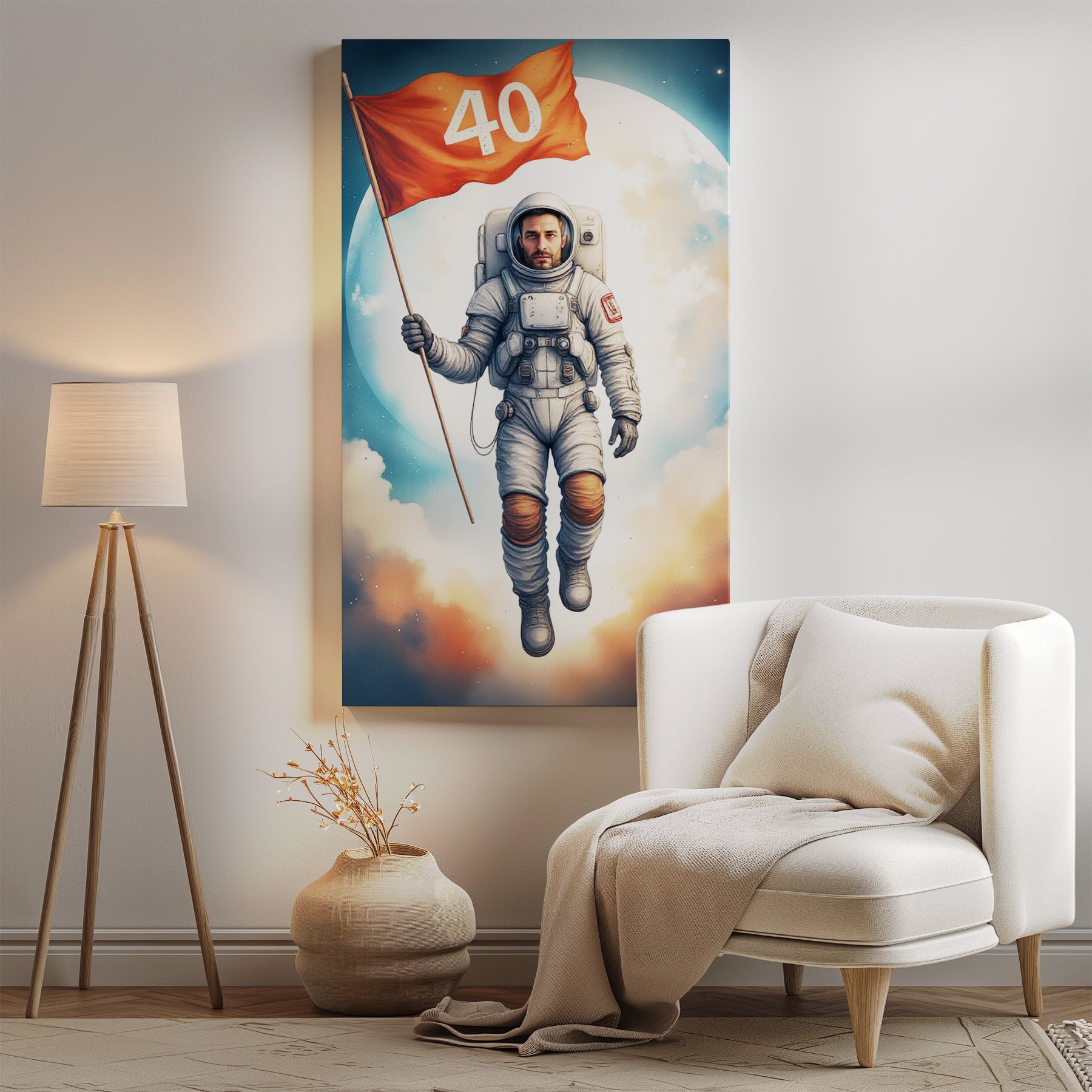 Astronauta z Flagą – Kosmiczny Portret z Wiekową Cyfrą
