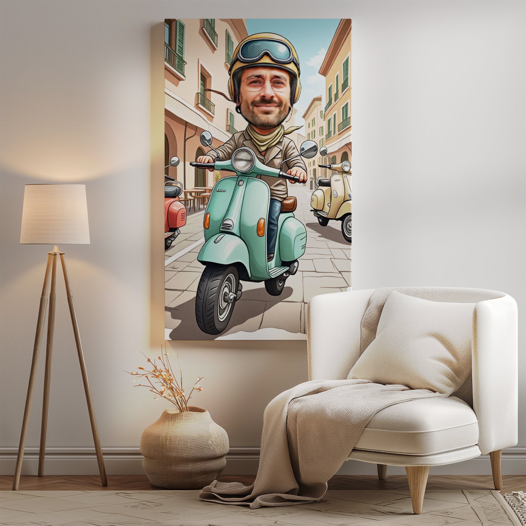 Portret karykatura ze zdjęcia – Włoski styl na skuterze