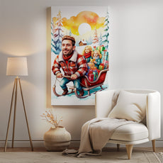 Portret rodzinny na zamówienie – zimowa ilustracja z saniami i prezentami