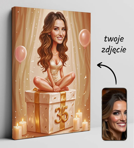 Personalizowany portret karykatura na płótnie na 35 urodziny Elegancka Karykatura Kobiety