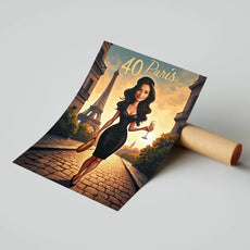 Paris-themed birthday poster with woman and Eiffel Tower for Francuski portret urodzinowy kobiety z Wieżą Eiffla