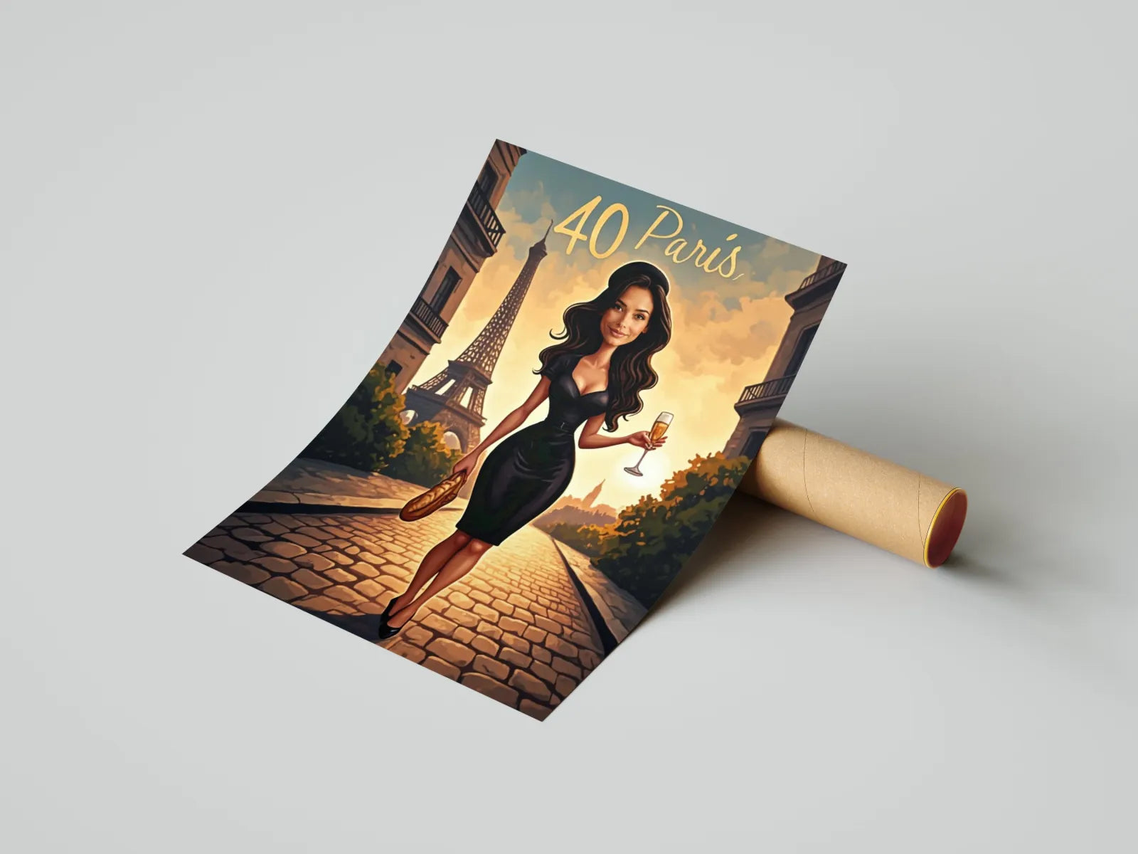 Paris-themed birthday poster with woman and Eiffel Tower for Francuski portret urodzinowy kobiety z Wieżą Eiffla