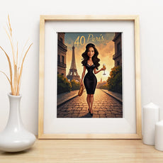 Framed Paris-themed birthday art featuring a woman and Eiffel Tower in Polish style
