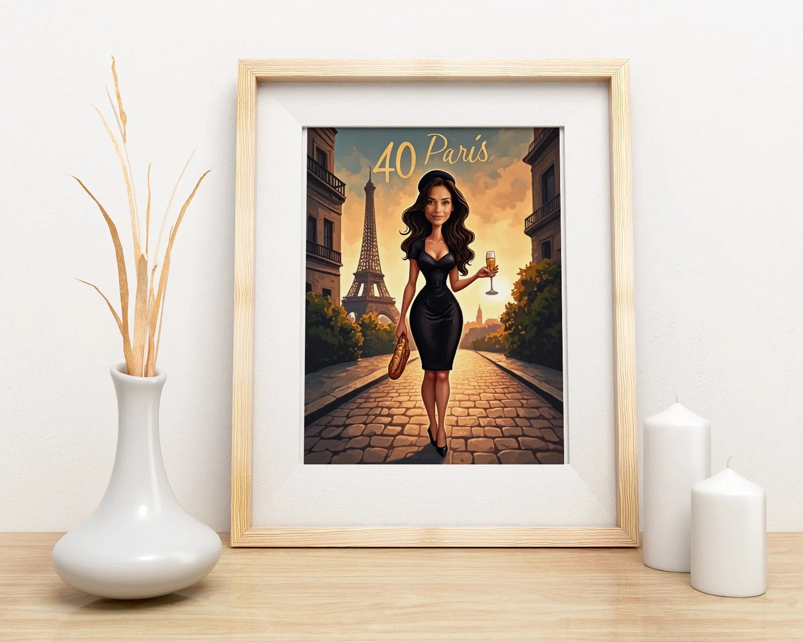 Framed Paris-themed birthday art featuring a woman and Eiffel Tower in Polish style